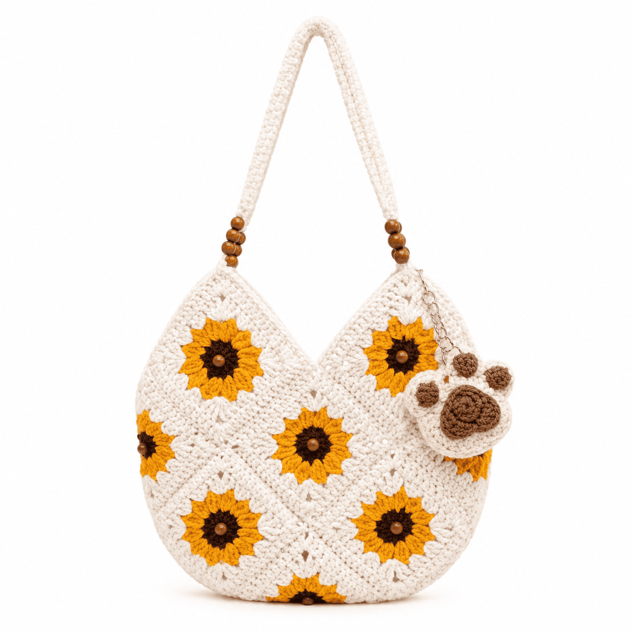 Crochet Sunflower Granny Square Bag | Wool Shoulder Crossbody with Wood Beads