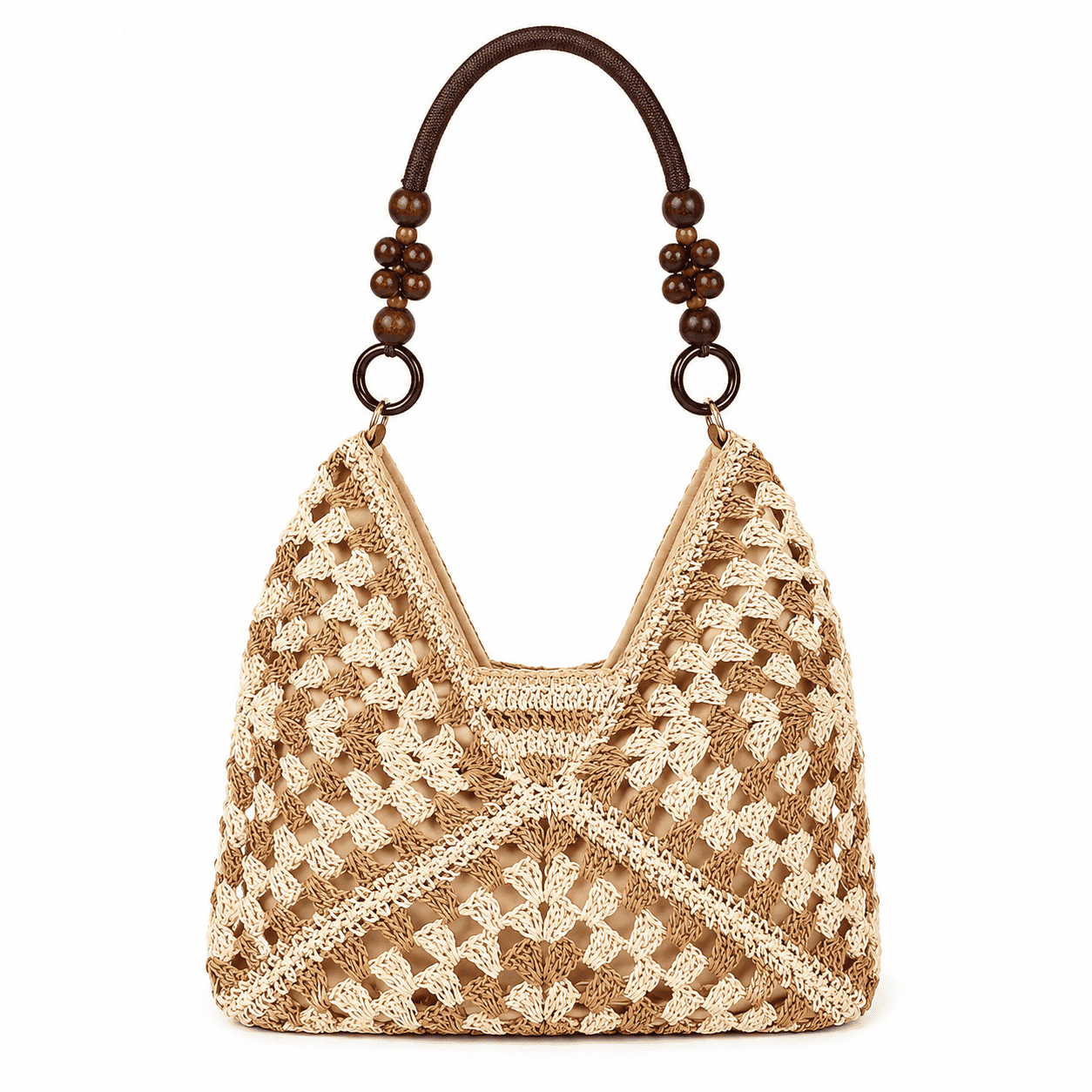 Crochet Granny Square Tote Bag with Wood Bead Handles | Women's Shoulder Bag