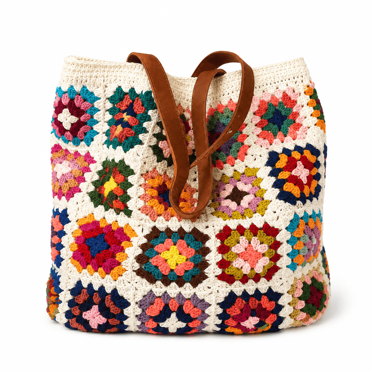 Crochet Granny Square Tote Bag | Boho Cotton Shoulder Bag for Women